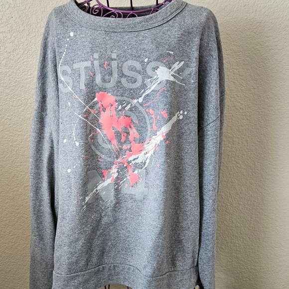 Stussy Gray Sweatshirt for Women Size Large -Crew Neck with Logo Art Pink - Picture 1 of 13